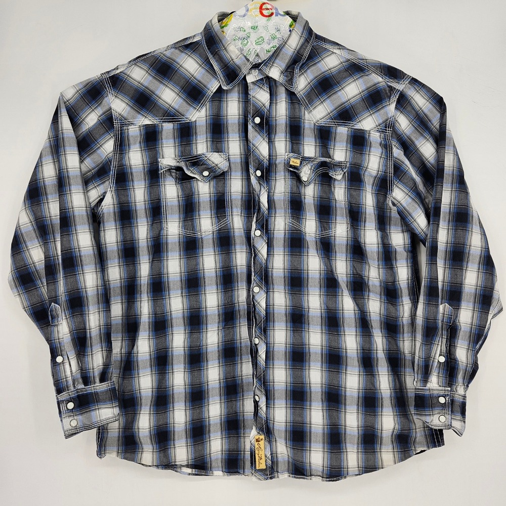 Larry Mahan Shirt Mens XXL Western‎ Pearl Snap Long Sleeve Blue Plaid Rodeo
